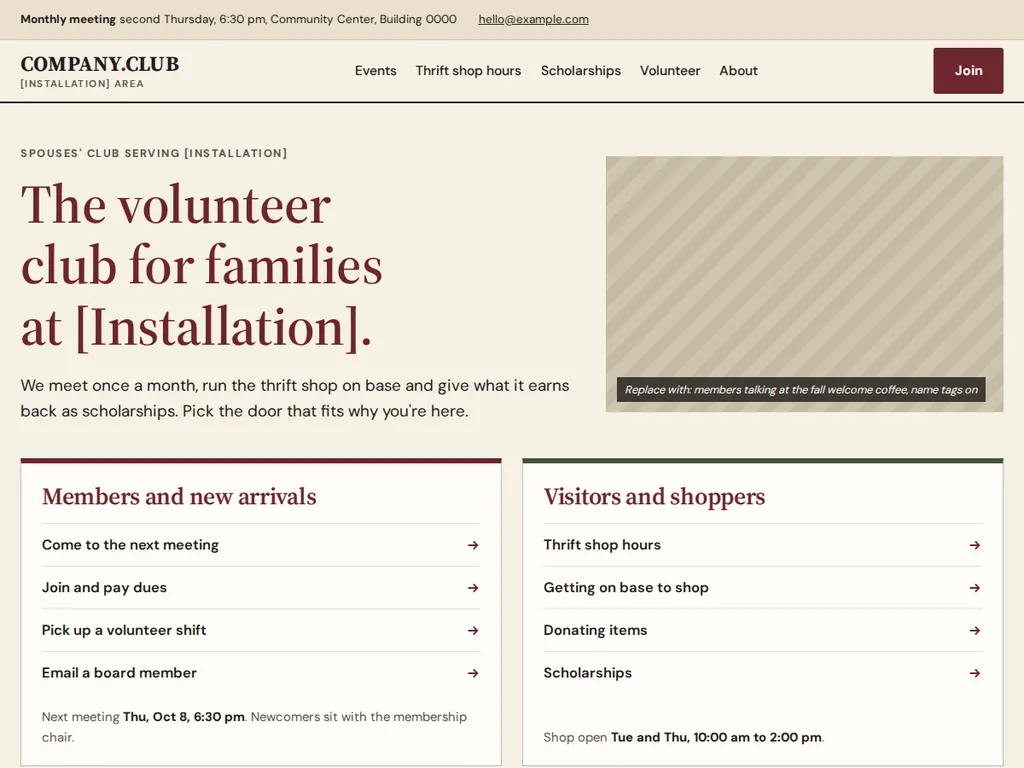 Military Community Club template home page: a headline for families at the installation, a photo slot, and two panels of links for members and for visitors.